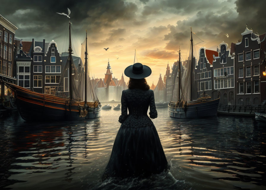 Vintage-dressed woman by canal at sunset with sailing ships and old European buildings