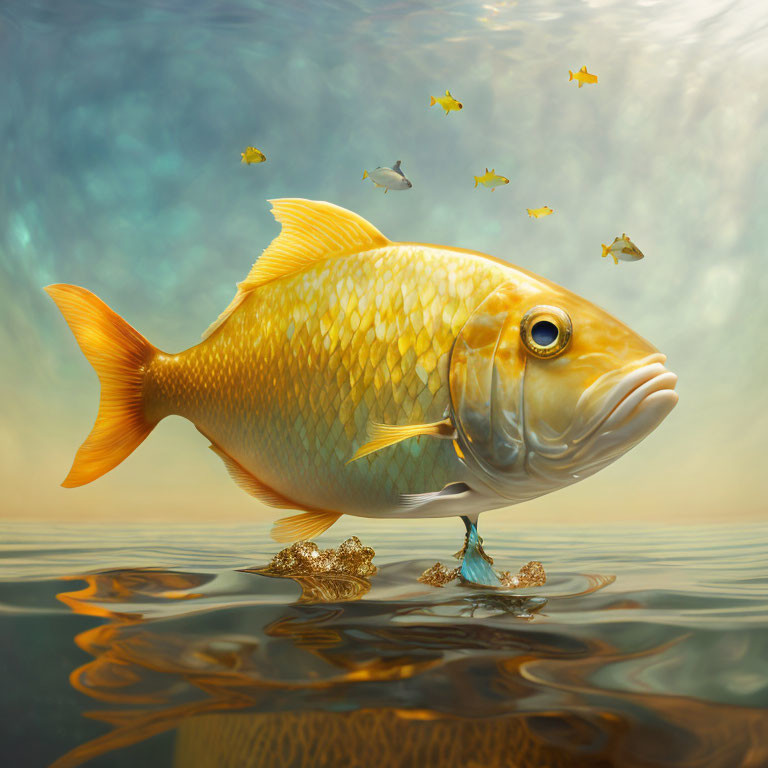 Golden fish with intricate scales swimming above water surface under serene sky