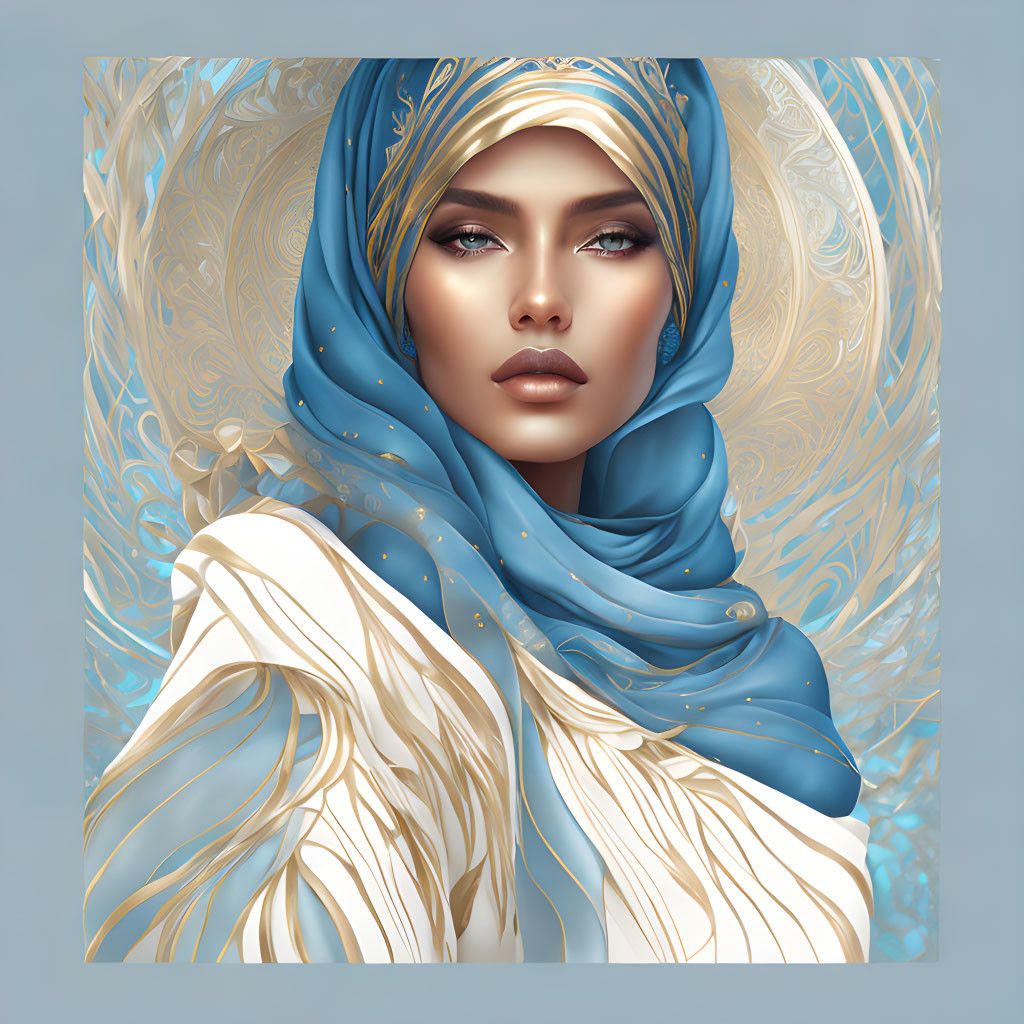 Detailed illustration of woman in blue and gold hijab with intricate patterns and creamy feather-like garment