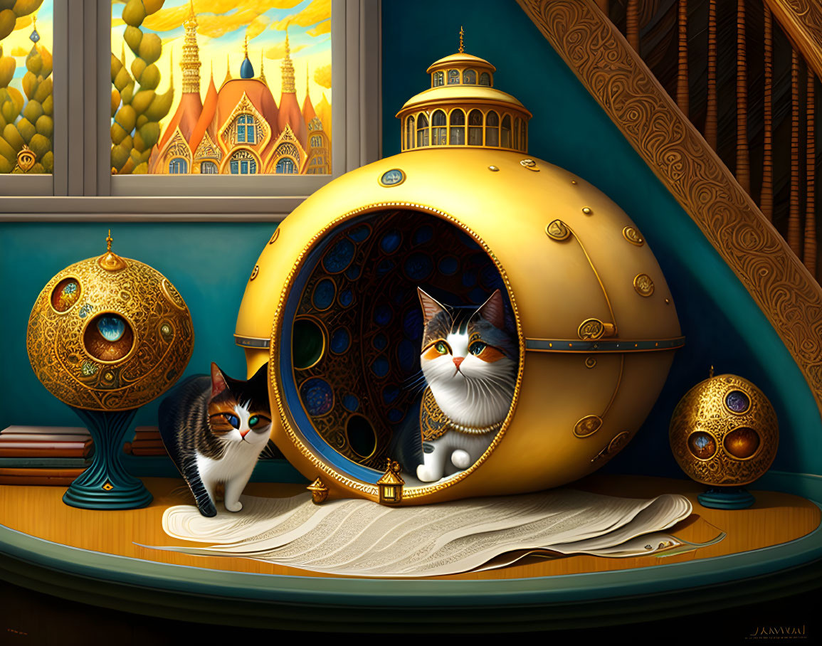 Two cats with golden spheres in autumn fantasy landscape