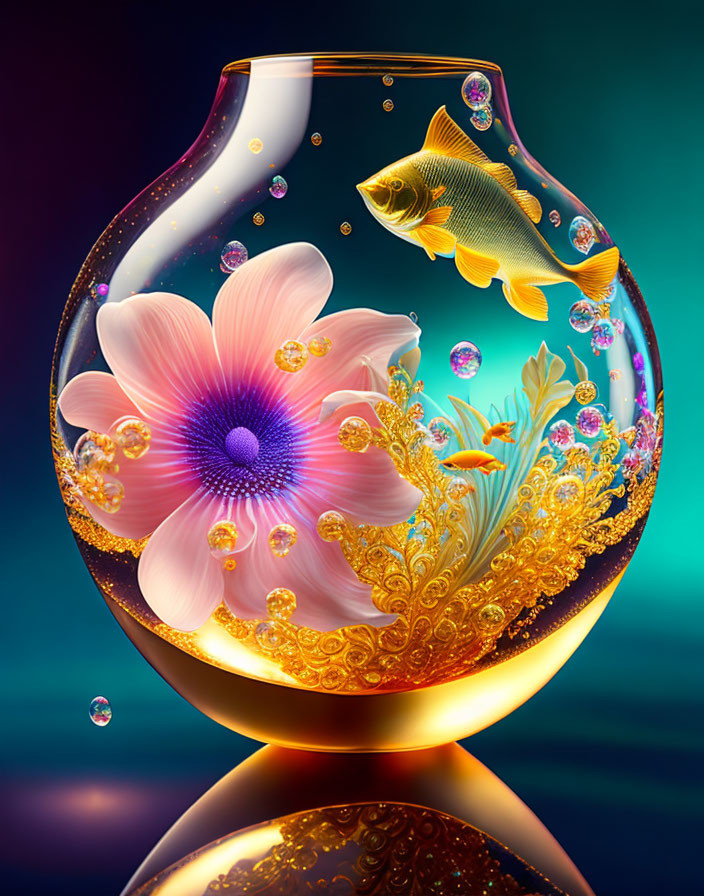 Vibrant digital image of fishbowl with goldfish, flower, bubbles, and ornate