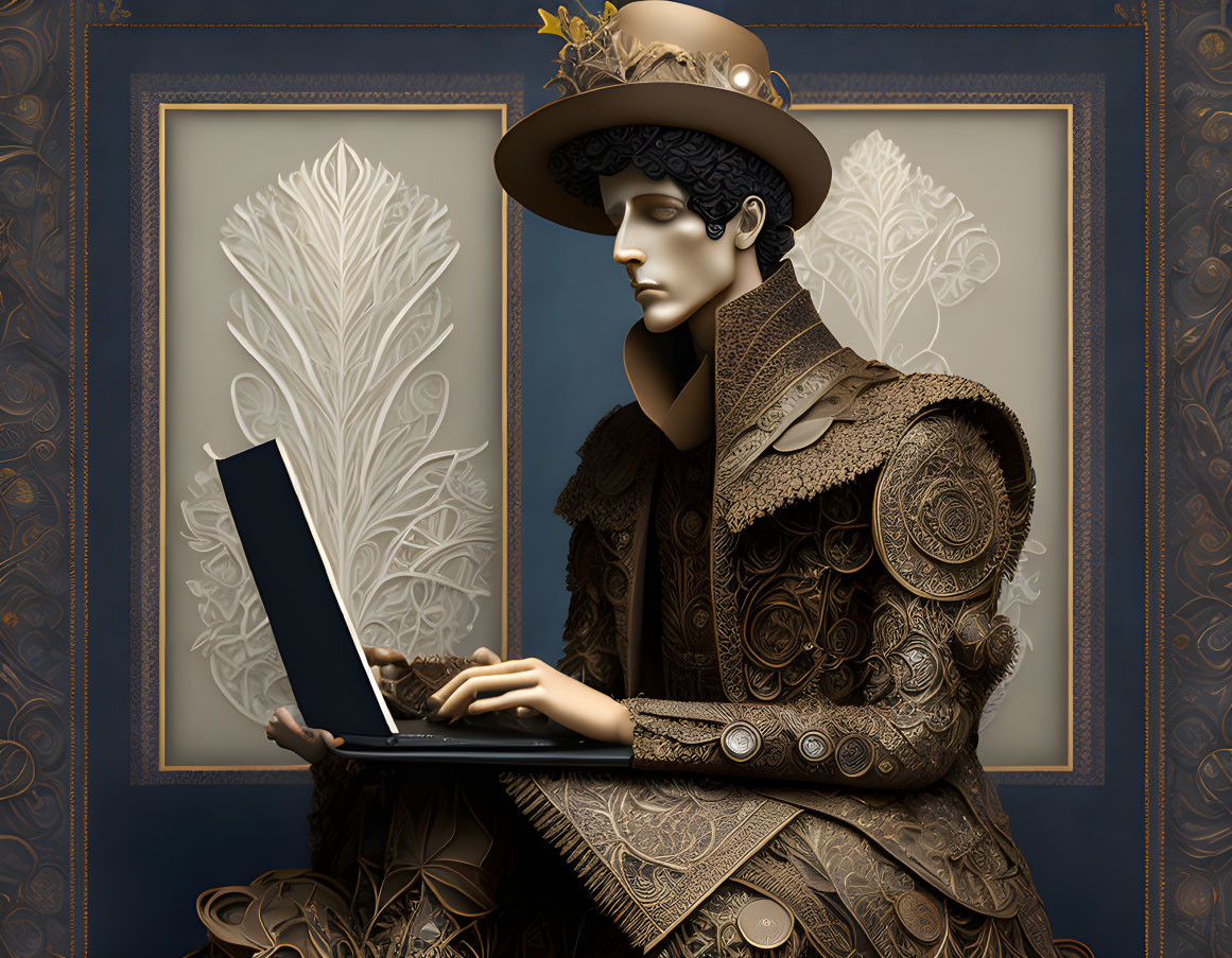 Stylized illustration of person in historical clothing with modern laptop