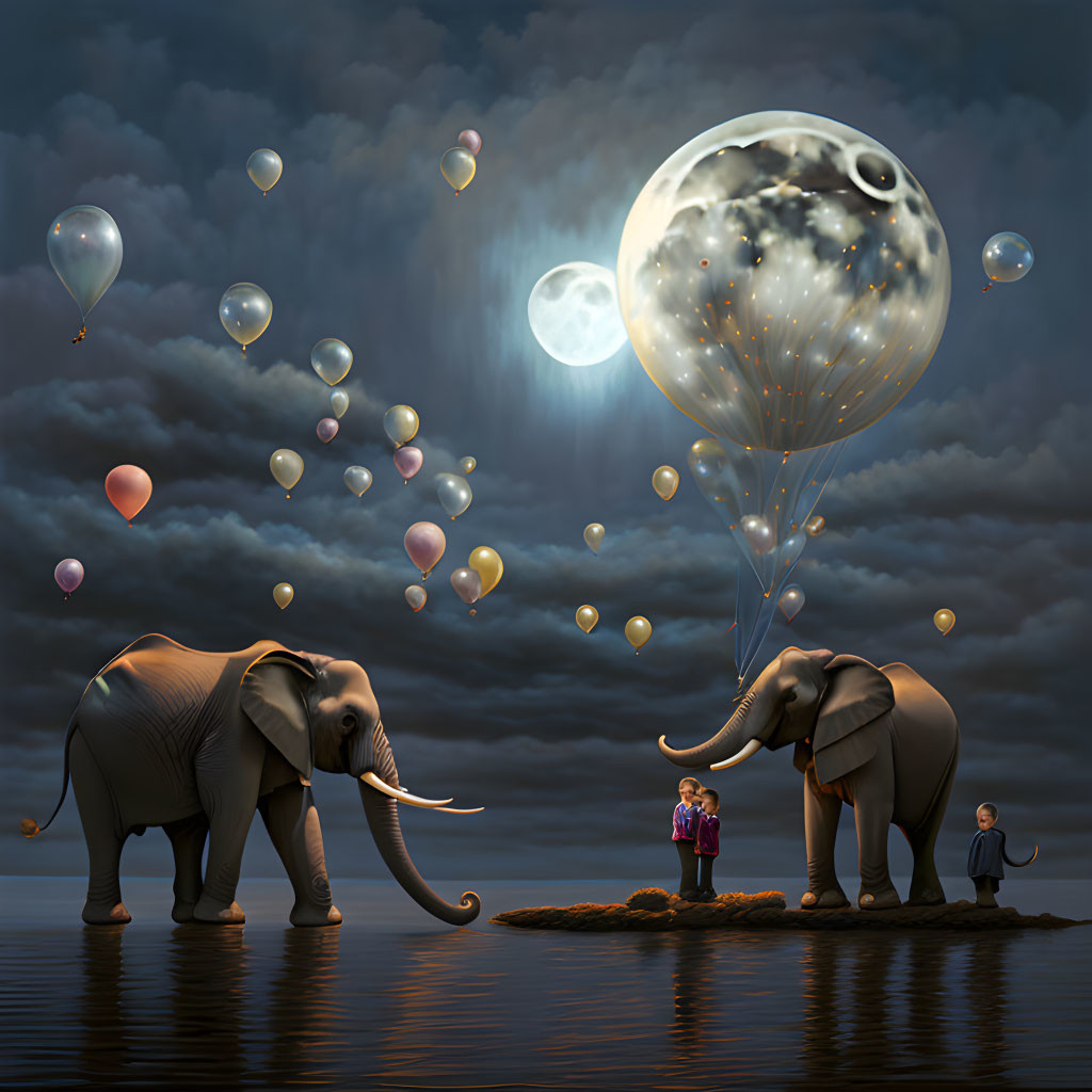 Moonlit shore scene with two elephants, a boy, and a girl under a sky with bubbles and