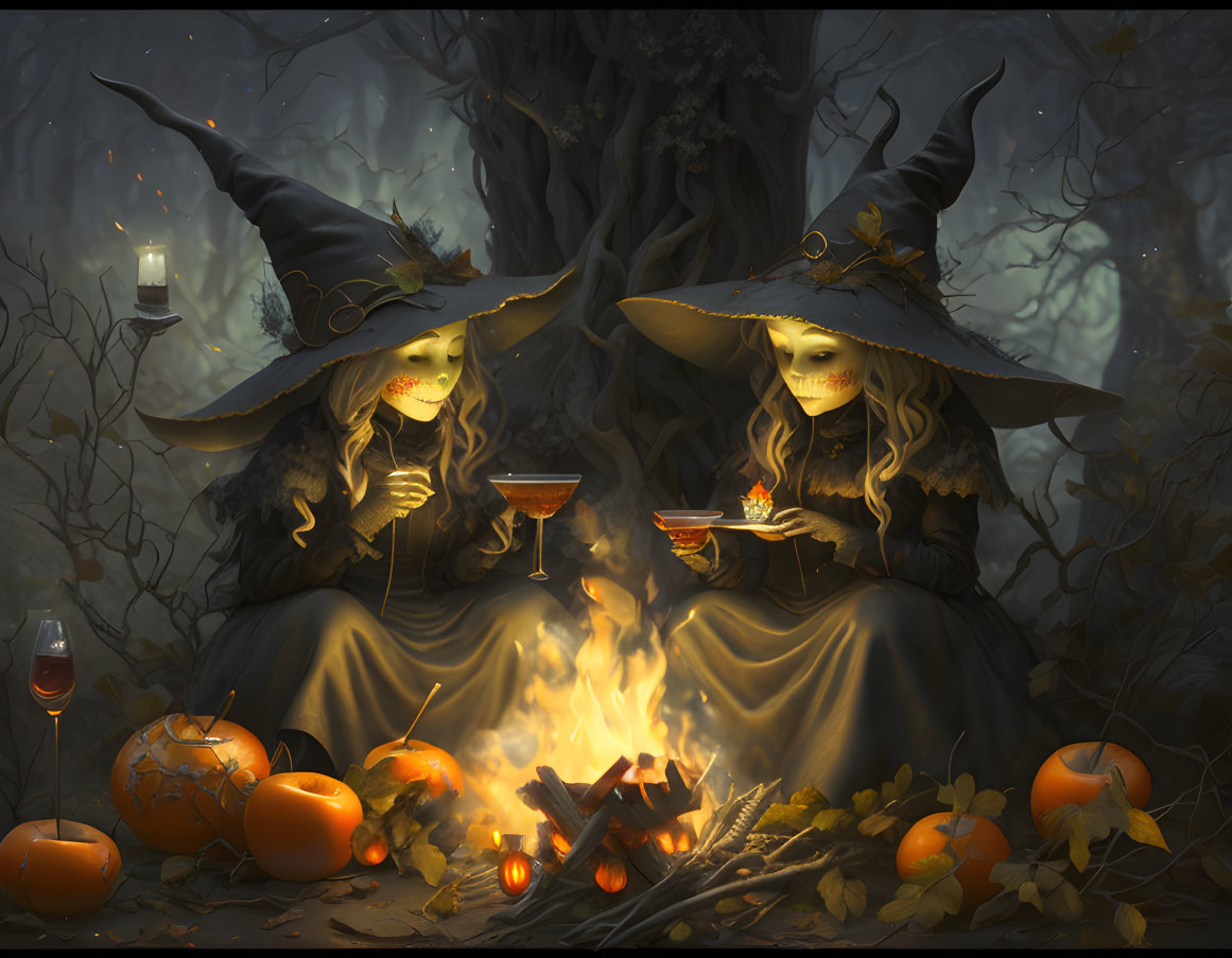 Witches in pointed hats by fire in dark forest with pumpkins and candles