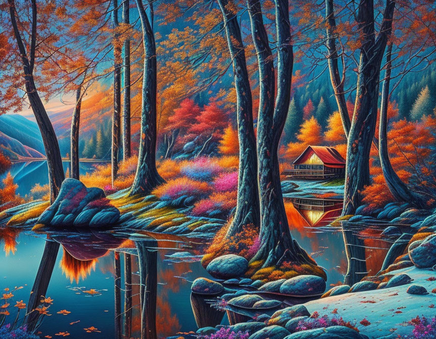 Colorful Autumn Forest Scene with Lake and Cabin