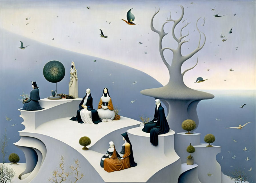 Surreal painting of robed figures in dreamlike landscape