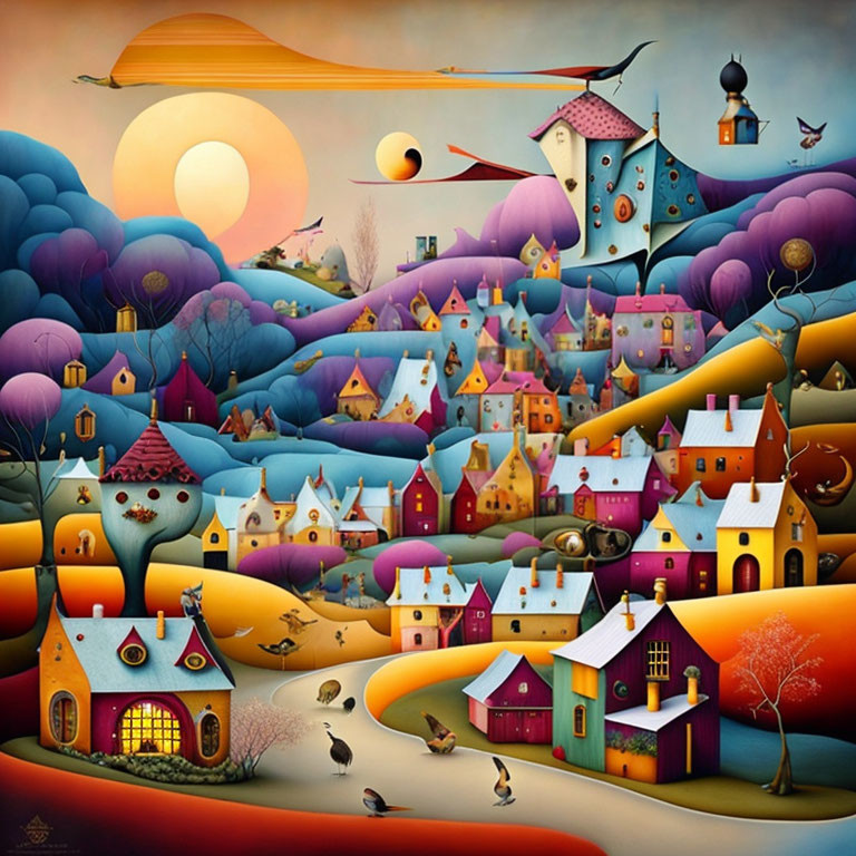 Colorful Stylized Houses in Whimsical Sunset Landscape