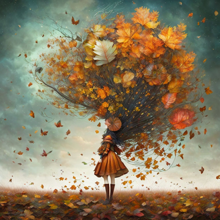 Girl in autumnal dress with hair transforming into tree against dreamy background