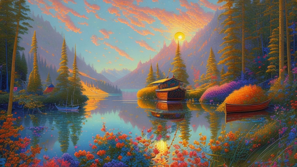 Tranquil cabin and boats on calm lake with colorful forests and mountain range at sunset