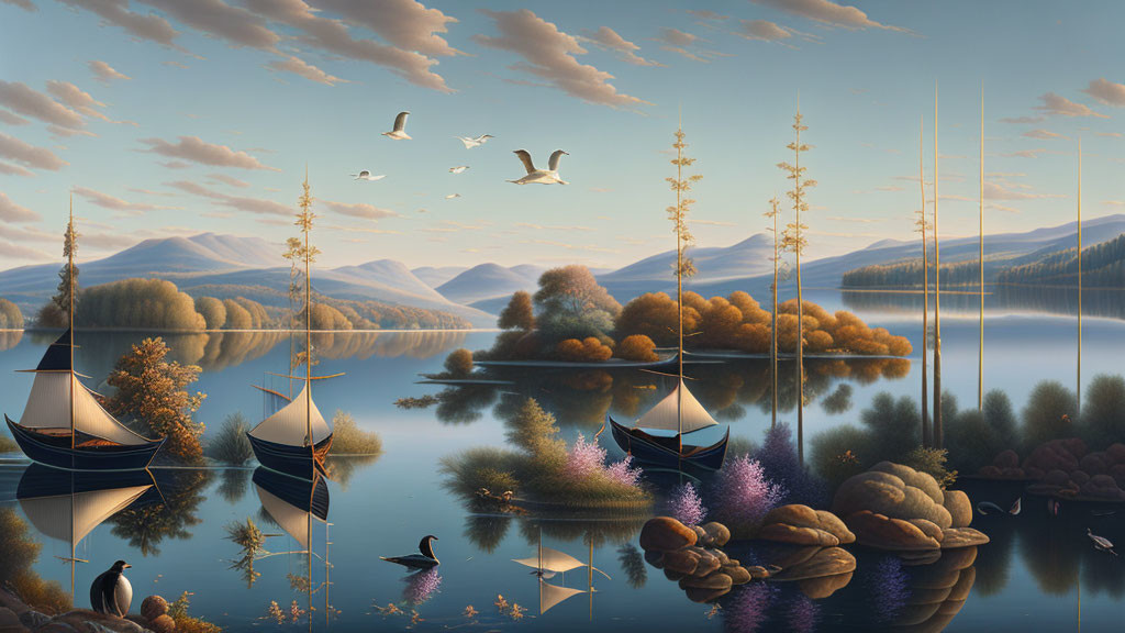 Tranquil landscape with sailboats, autumn trees, hills, and golden sunset.