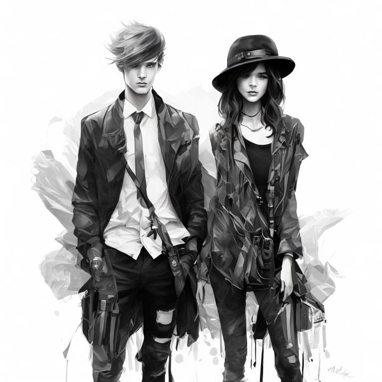 Stylish young couple in modern fashion holding guns on watercolor background