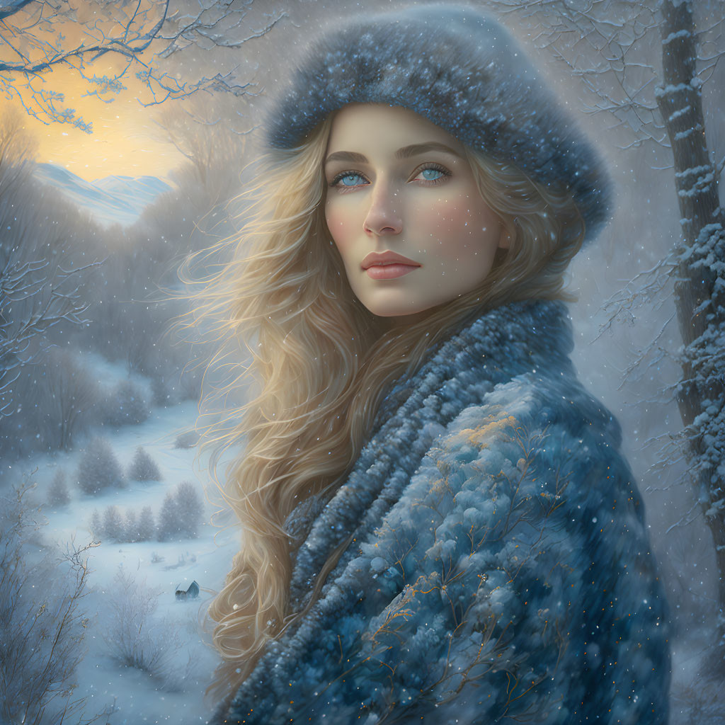 Blonde woman in winter attire gazing at snowy sunset