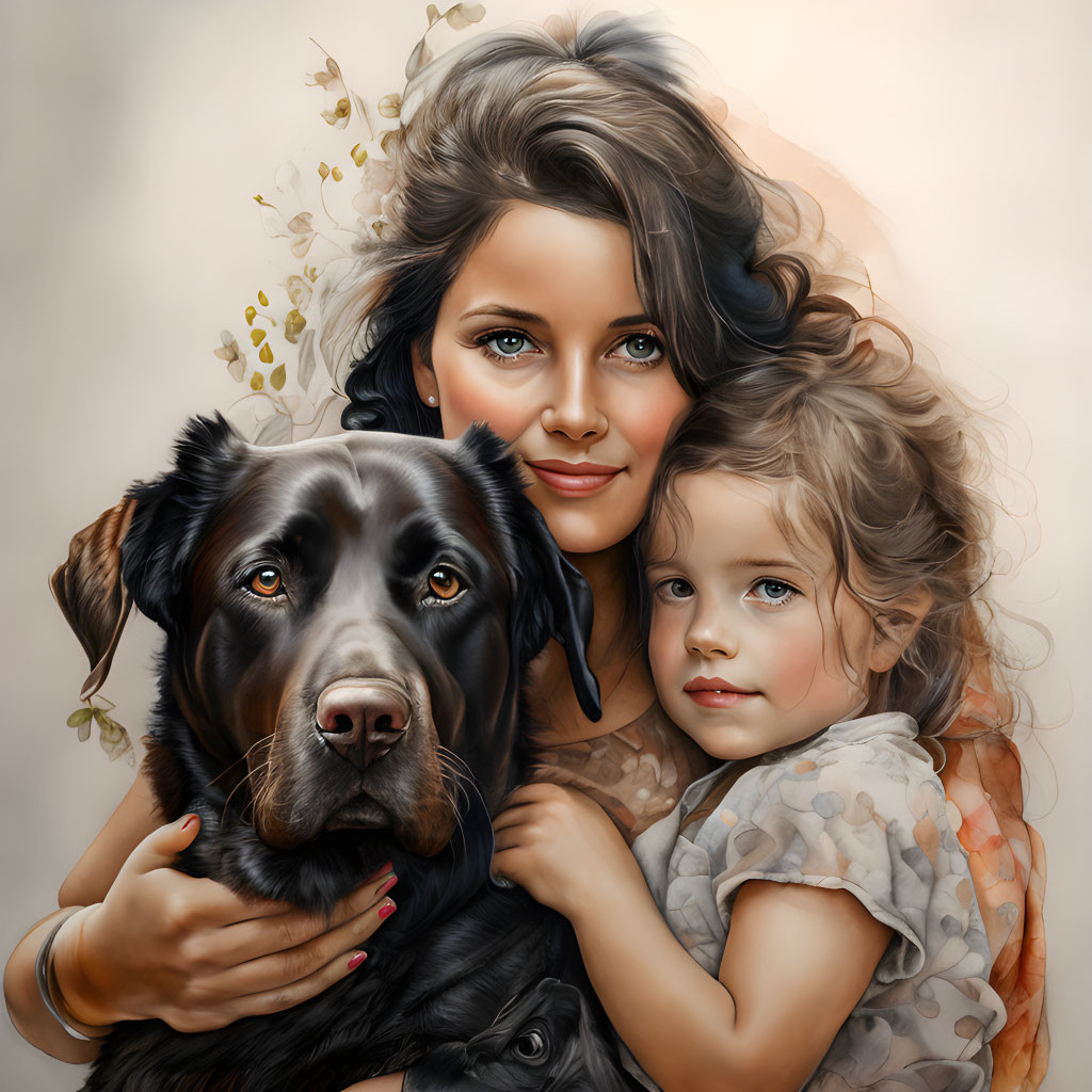 Portrait of woman, girl, and black dog embracing on creamy background with floating leaves