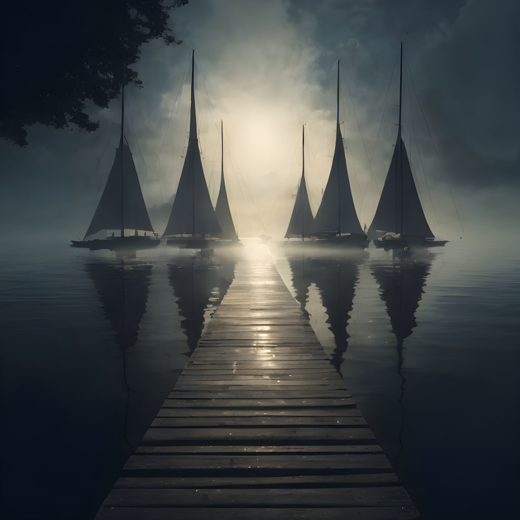 Sailboats on misty lake with sun backlight