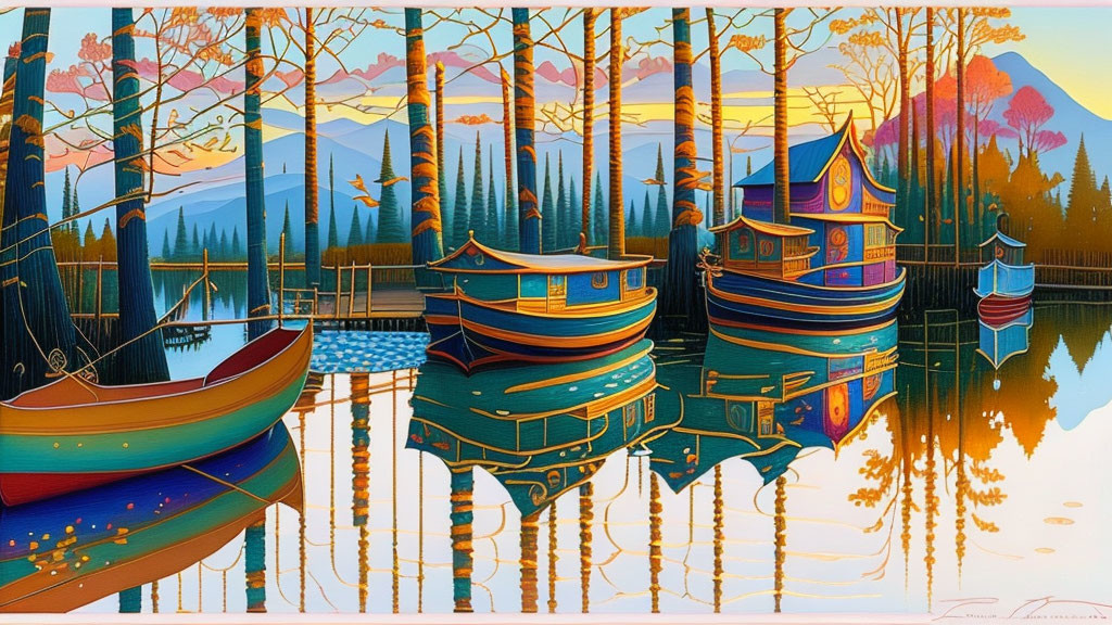 Traditional boats painting: Calm waters, mountain backdrop, sunset sky, blooming trees