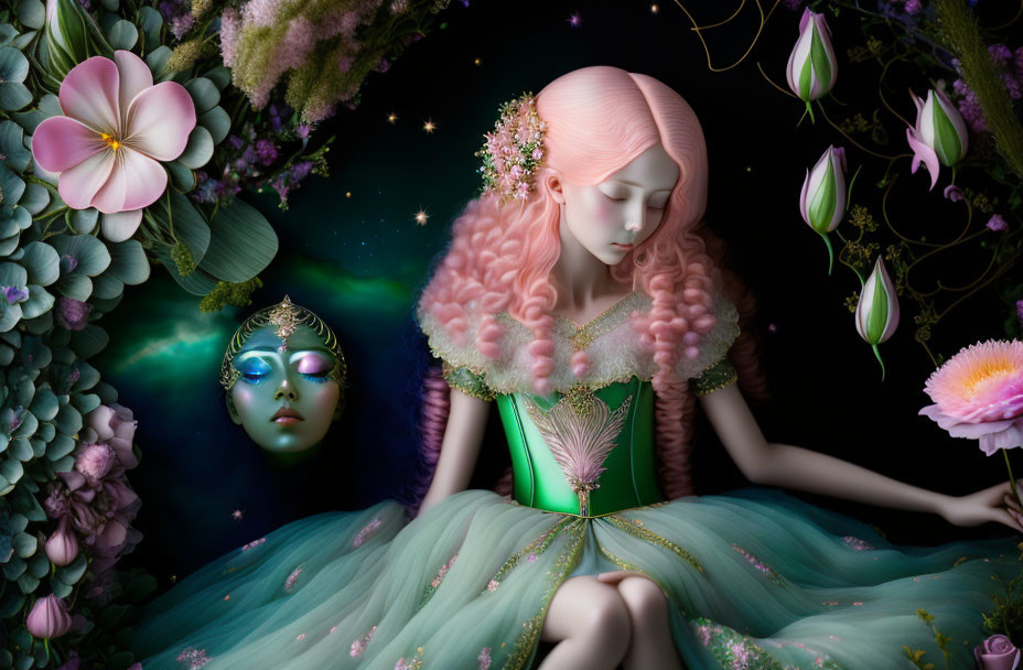 Ethereal pink-haired woman in green dress with mask and starry backdrop