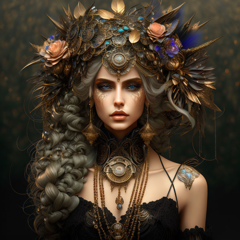 Elaborate fantasy portrait of woman with golden headpiece and intricate jewelry