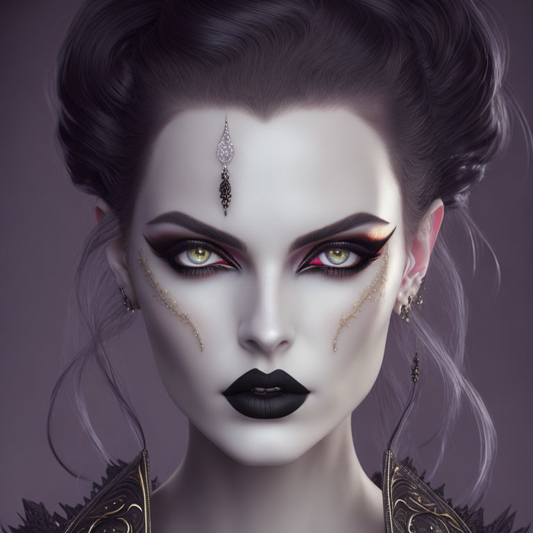 Digital portrait: Pale-skinned woman with dramatic makeup and ornate facial jewelry