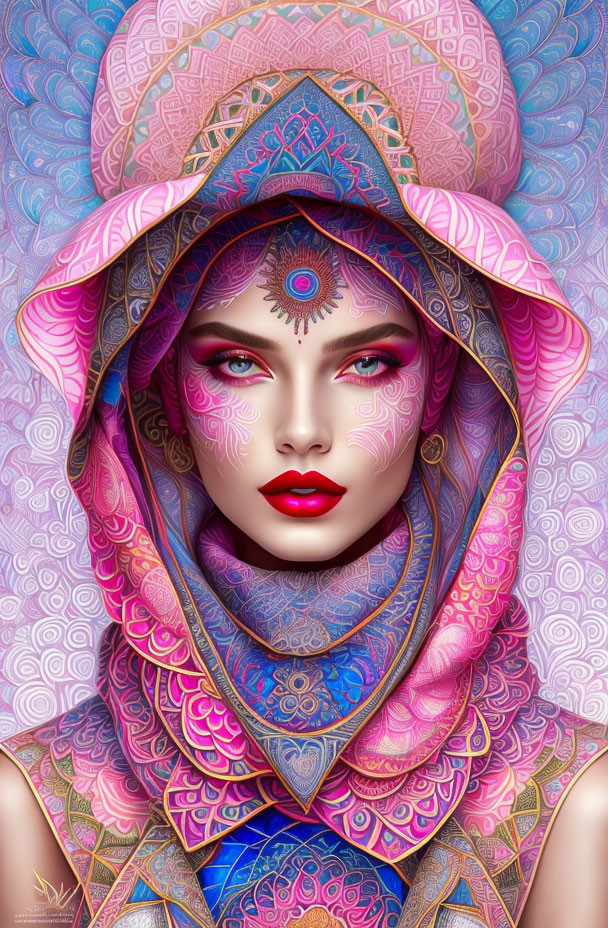 Colorful Woman Illustration with Intricate Patterns and Adorned Hood