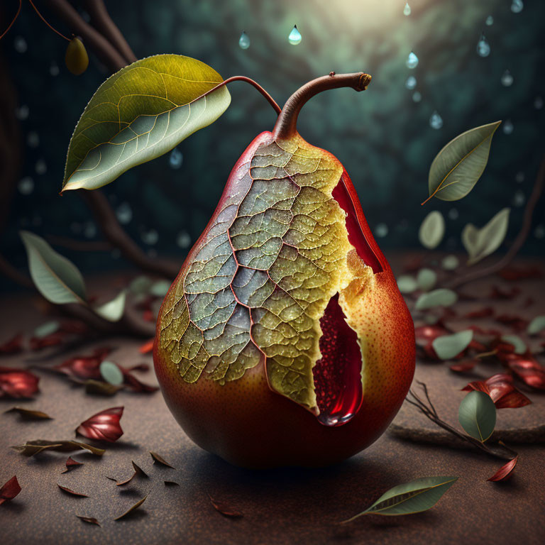 Surreal pear with leaf skin on surface with scattered leaves and bokeh light.