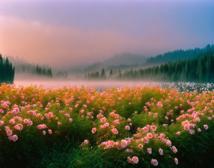 Tranquil landscape with pink flowers, misty lake, and colorful dusk sky