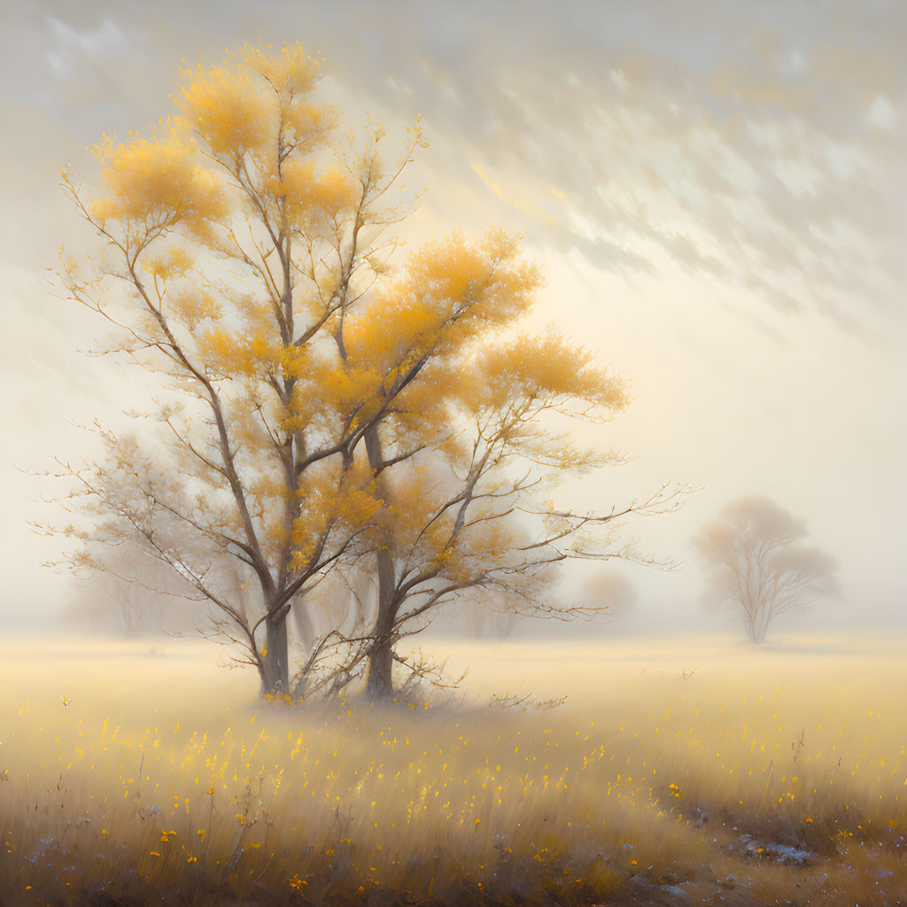 Golden-leaved trees in misty meadow under cloudy sky