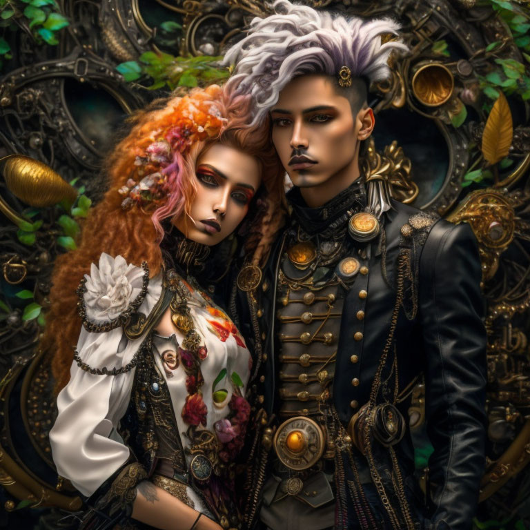 Victorian-inspired couple in elaborate outfits with metallic gears backdrop