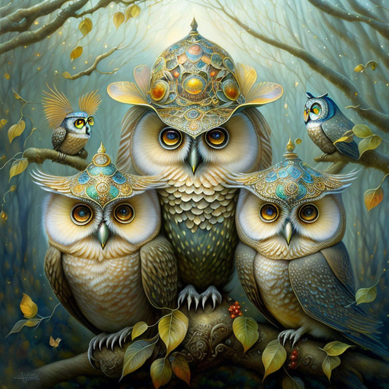 Intricate Fantasy Owl Family on Branch in Whimsical Forest