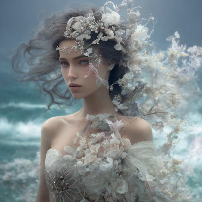 Woman in floral headpiece with flowing hair against misty seascape