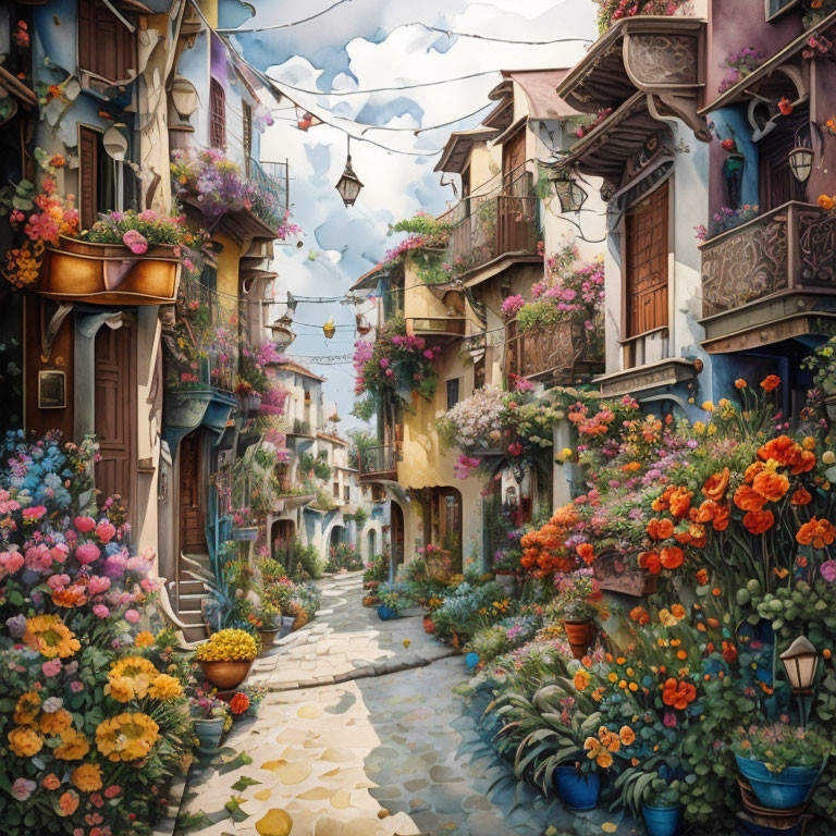 Colorful European Street Scene with Flower-Covered Homes