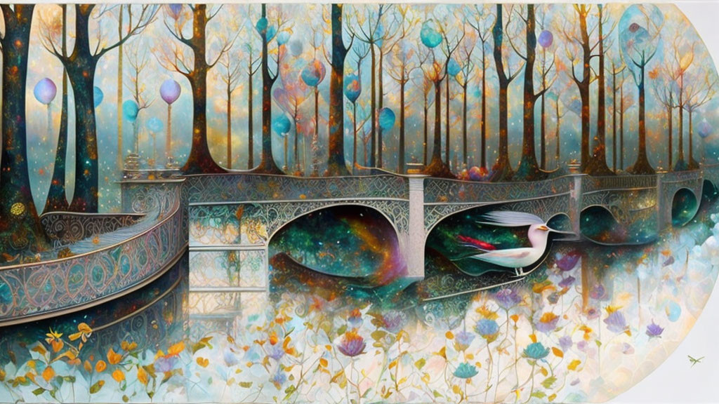 Ethereal forest scene with colorful balloons, ornate bridges, and graceful swan