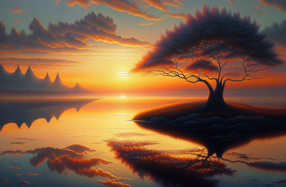 Tranquil sunset landscape with lone tree on islet