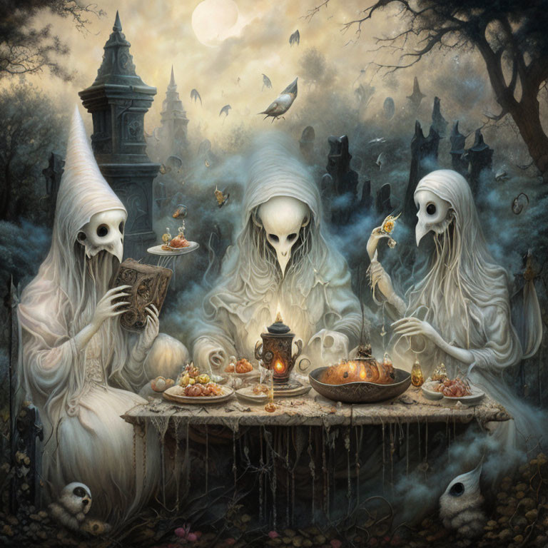 Ghostly figures in white shrouds at banquet table with gothic background.