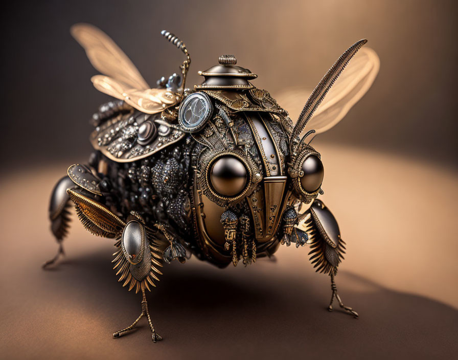 Steampunk-style mechanical bee with gears and cogs on brown backdrop