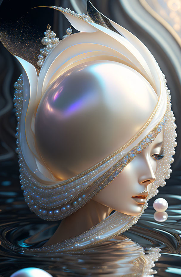 Stylized female figure with elongated head and surreal headpiece in digital artwork