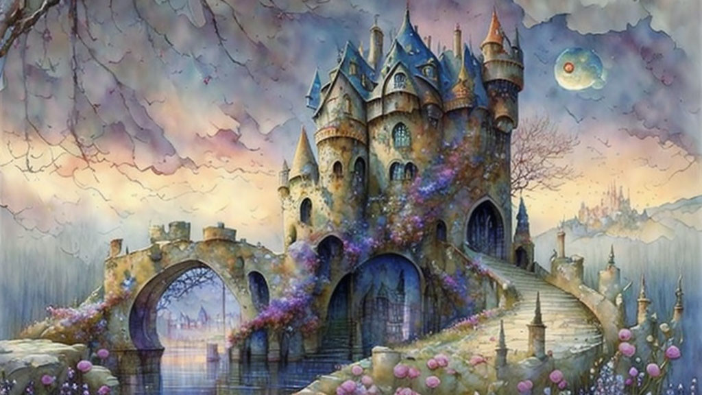 Majestic fantasy castle with towers and stone bridge under twilight sky