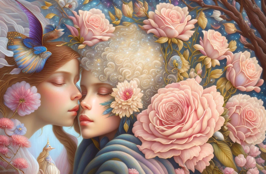 Ethereal figures embrace in floral setting