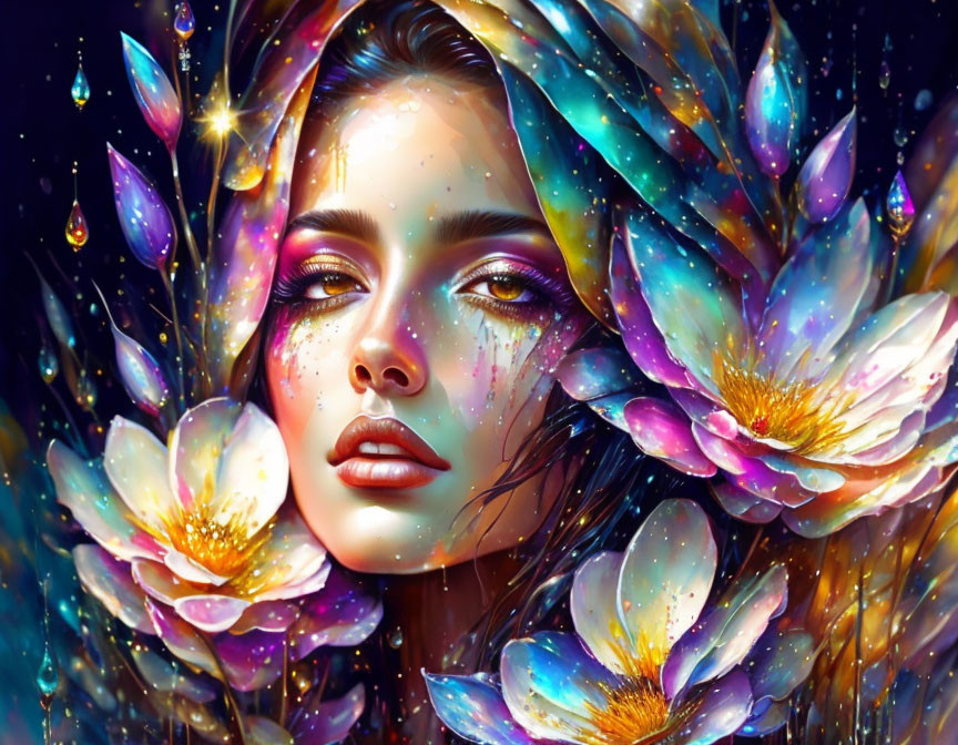 Colorful digital artwork: Woman with petal-like hair in luminescent floral setting