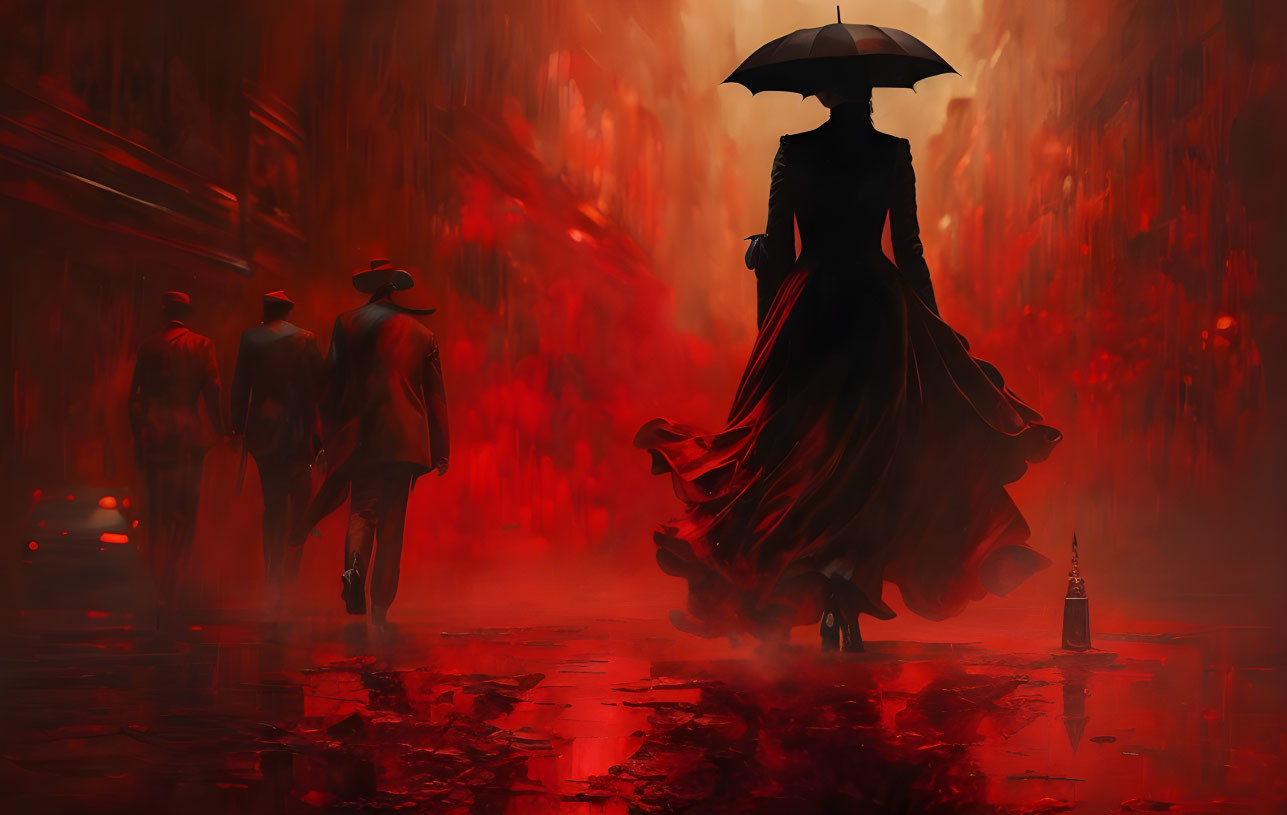 Silhouetted figure with umbrella in red cityscape.