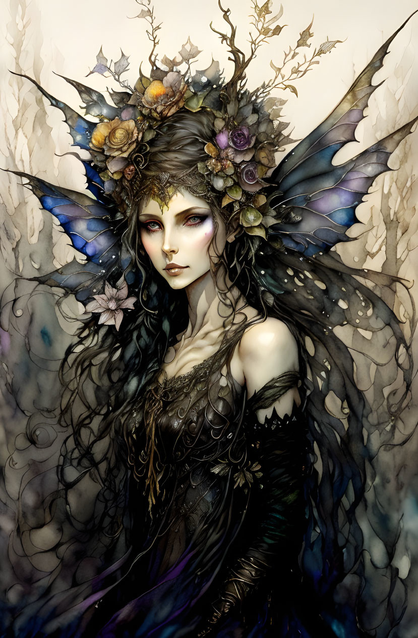 Mystical fairy with dark ornate wings and floral crown