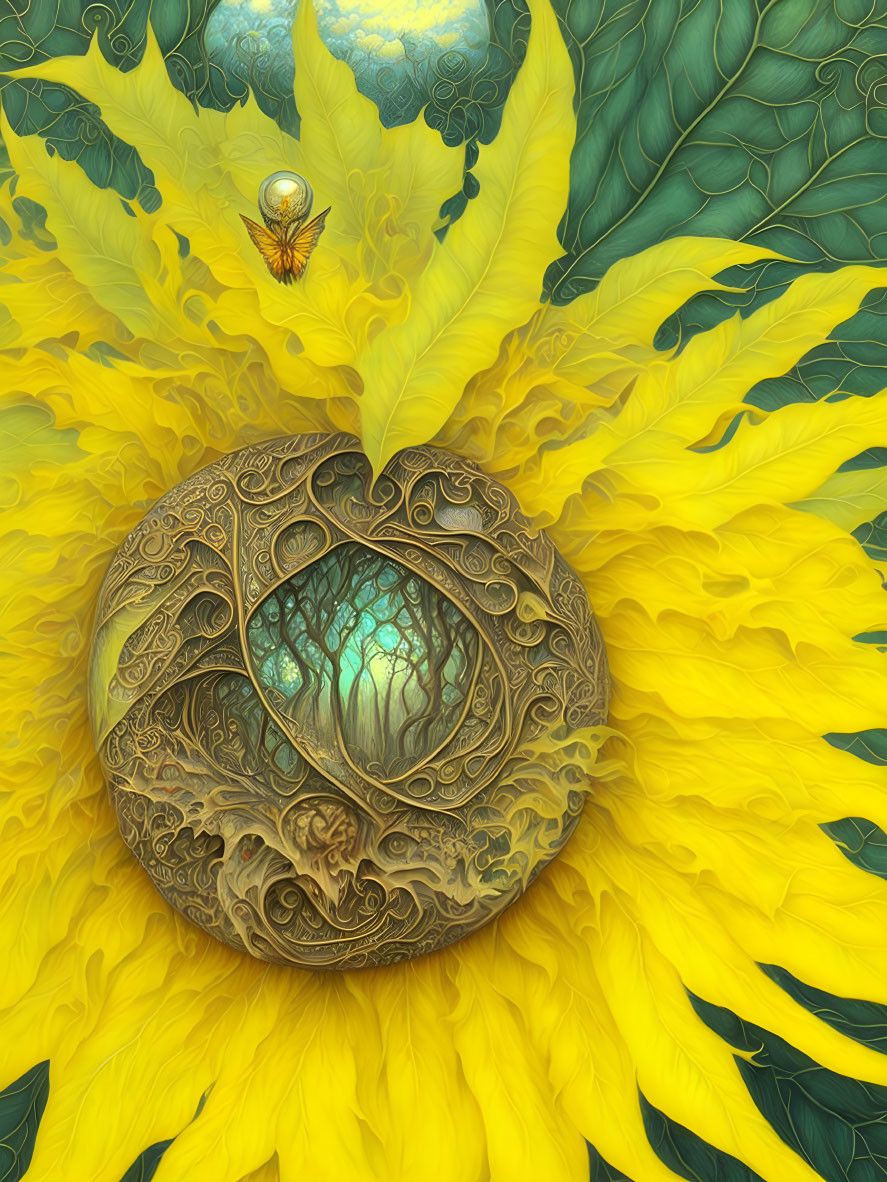 Intricate Bronze Medallion on Yellow Sunflower Petals