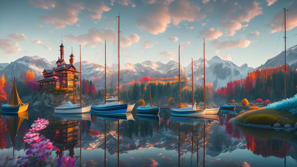 Tranquil lake scene with sailboats, cabin, and mountains at sunset