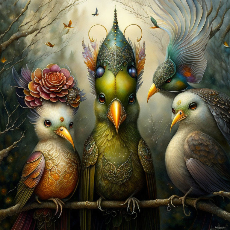 Three intricate fantastical birds with elaborate plumage perched in mystical forest.