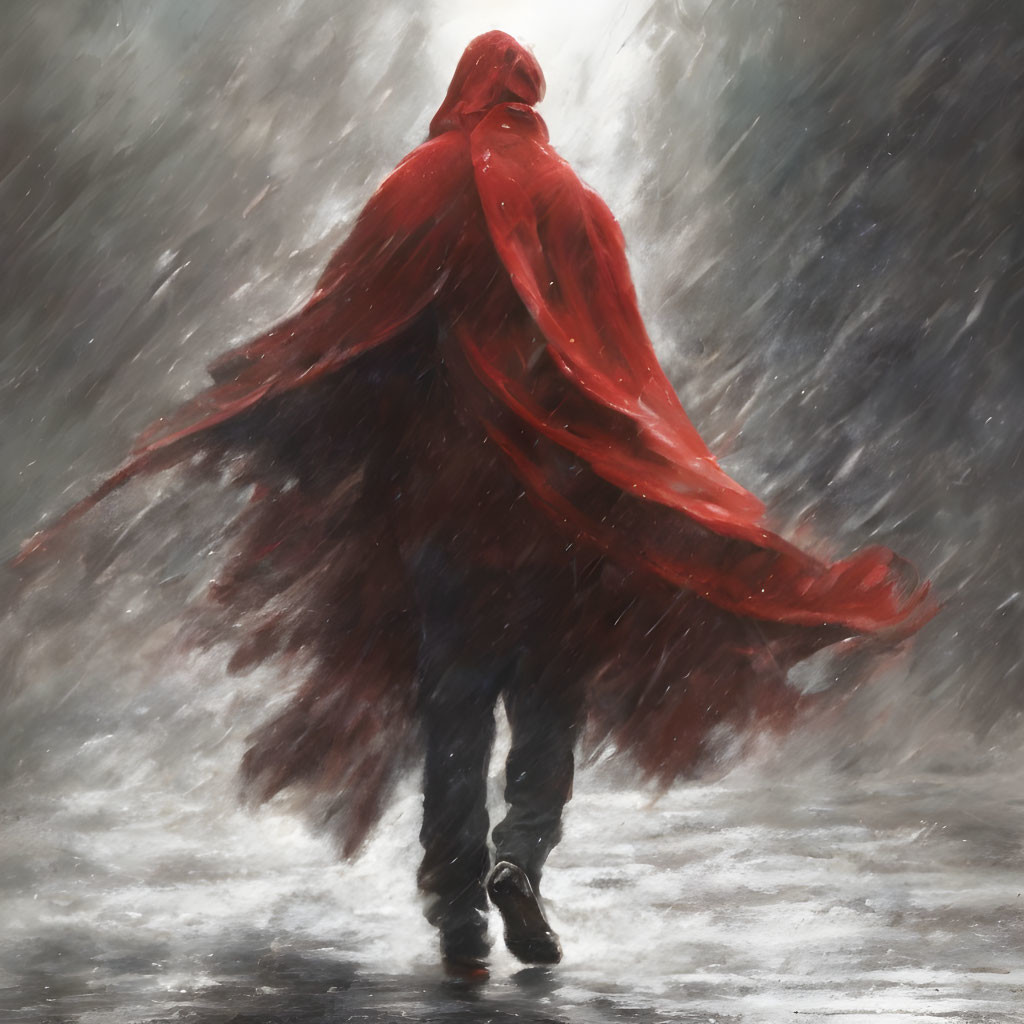 Cloaked figure in vibrant red cape walking in heavy downpour