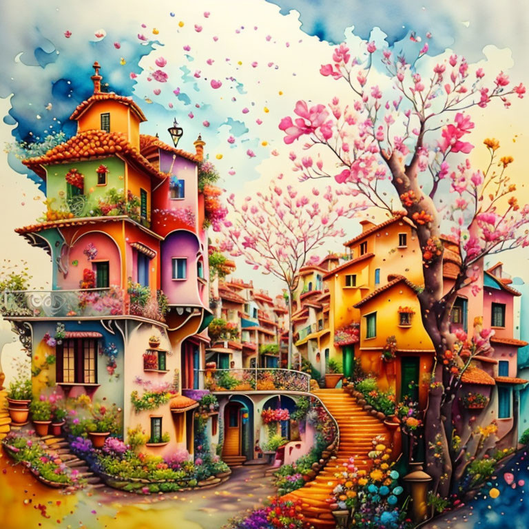 Colorful Village Illustration with Whimsical Houses & Blooming Trees