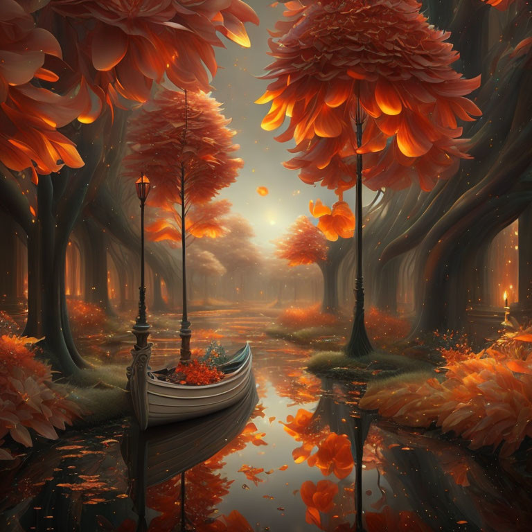 Tranquil river and fiery autumn forest with rowboat