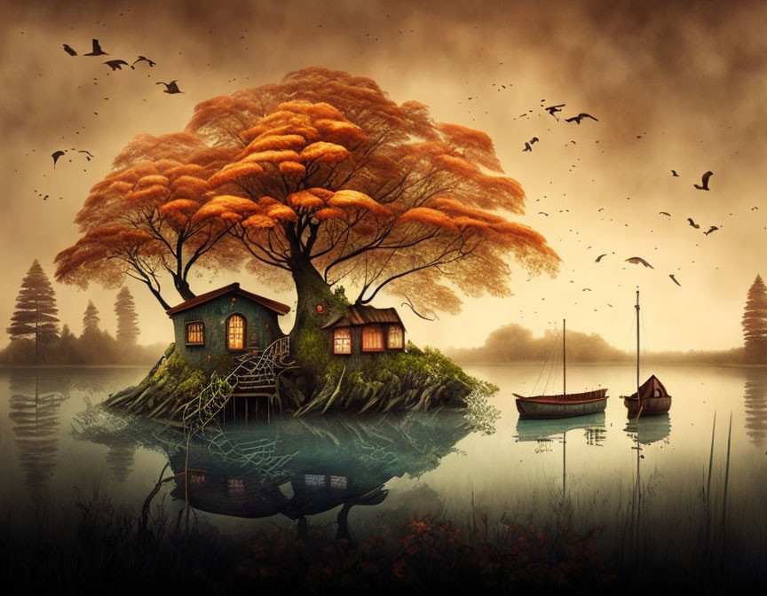 Tranquil island landscape with cozy house, orange-leaved tree, birds, and boat at dusk