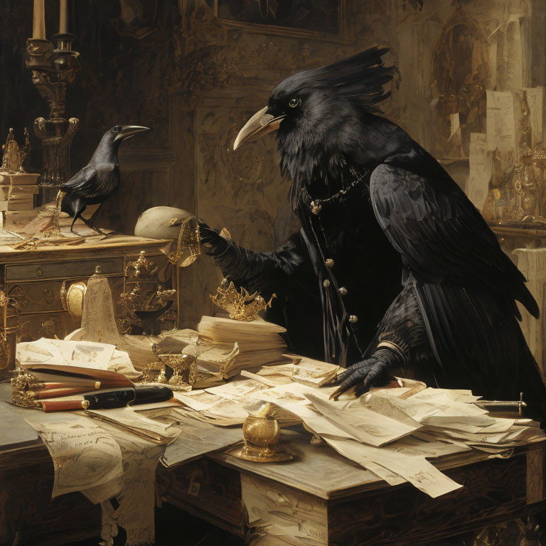 Anthropomorphic raven at desk with skull and smaller raven surrounded by artifacts