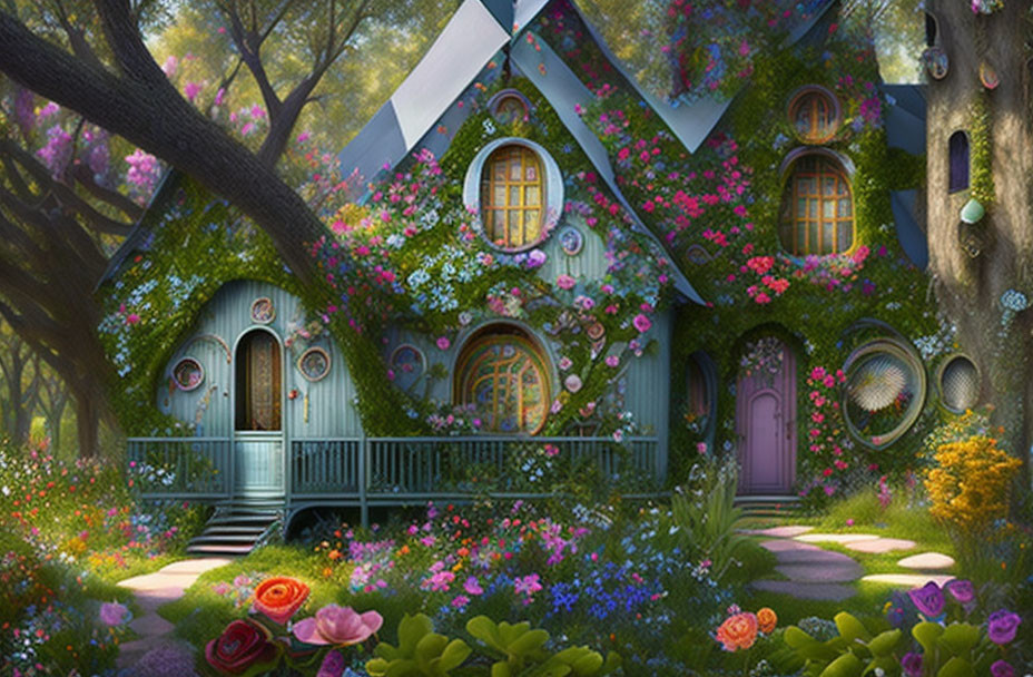 Colorful Flower-Adorned Cottage in Lush Forest