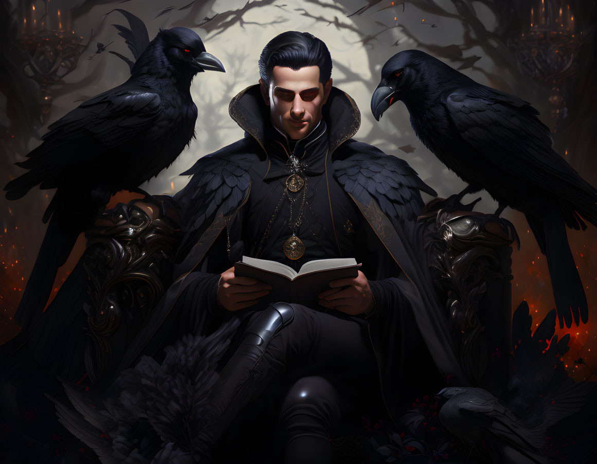 Man in dark attire reading book with two ravens in dimly lit setting